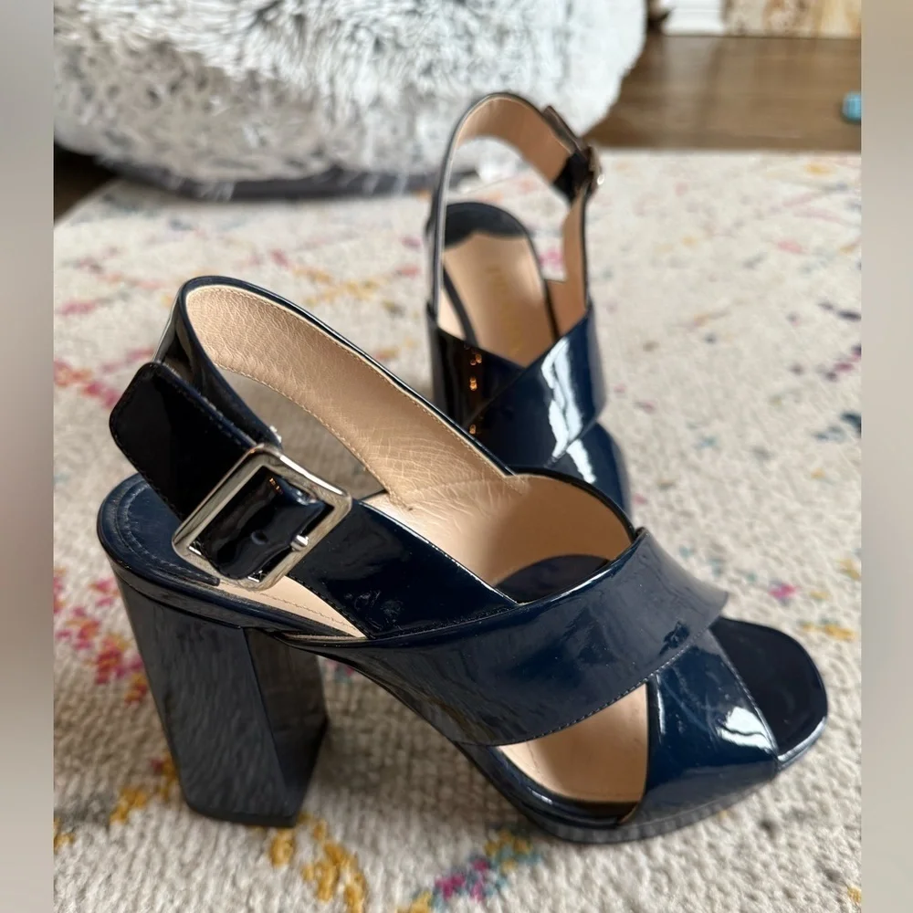 AUTHENTIC PRADA Blue Patent Leather across Cross Navy Block Heel Size 35